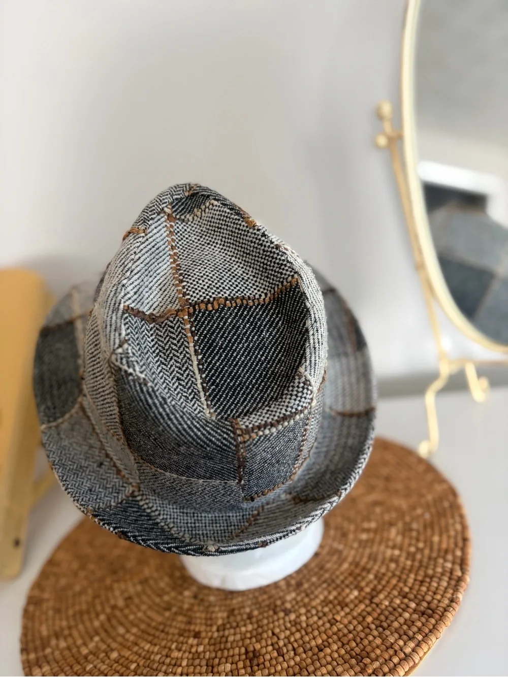 Gray Tweed Fedora Hat with Subtle Brown Stitching